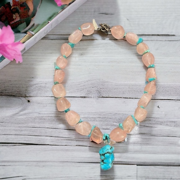 Sterling Silver Rose Quartz and Arizona Turquoise on a 8.5" ( 22cm) strand. - Picture 1 of 13